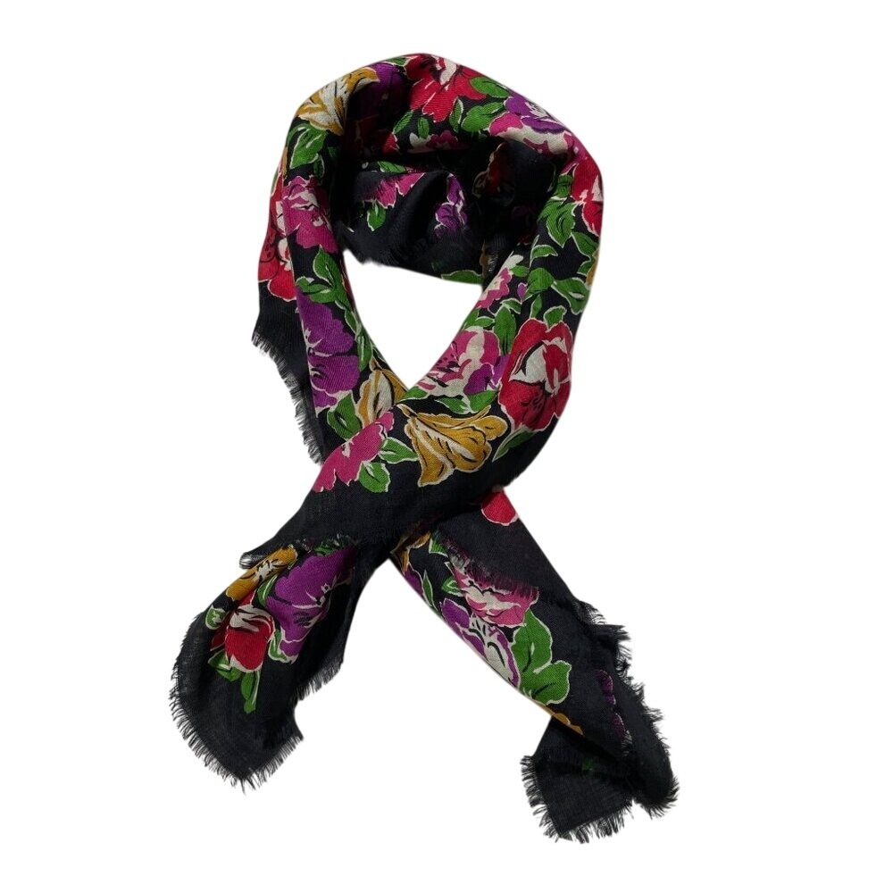 Club 7‎ Echo Vintage 100% Wool Floral Scarf Black Pink Purple Made in Japan
